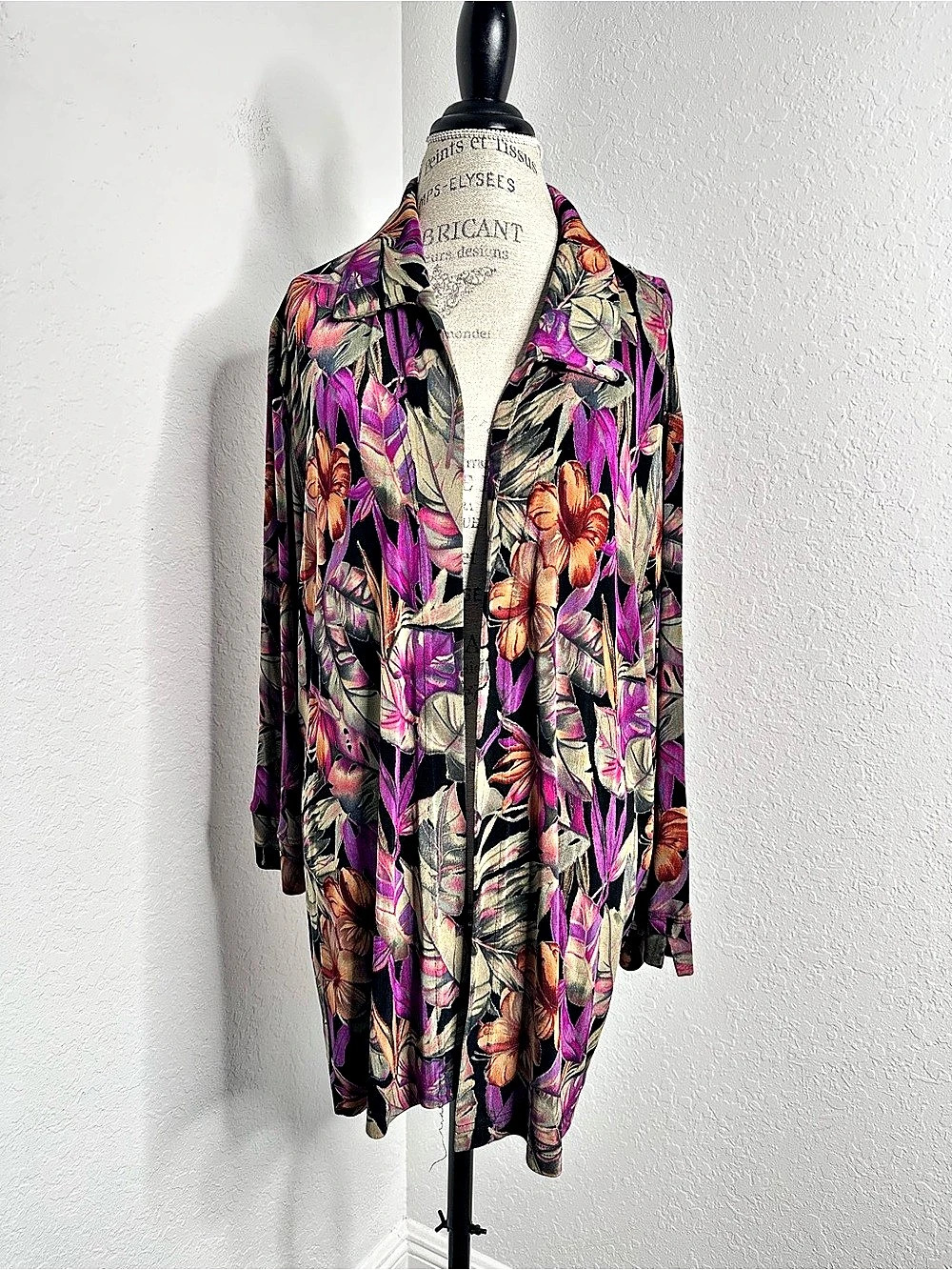Vikki Vi Floral Open Front Cardigan Black Floral Slinky Knit Plus Size 3X